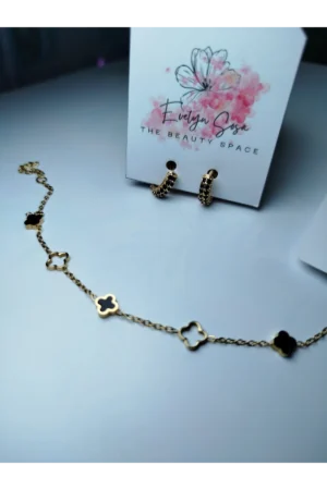 Argollitas cristal negro + Pulsera trébol mini negro.