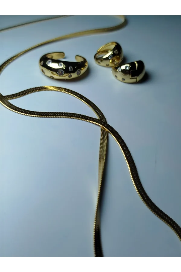 Anillo ajustable+ Argollas + Collar cinta dorado.